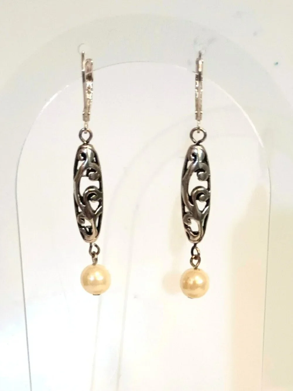 Premier Designs Dangle Pearl Earrings Silver Tone Open Work Scroll Drop Jewelry